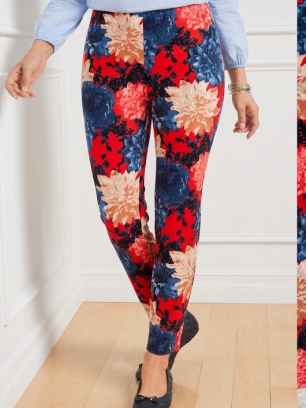 Talbots petites size 12p Floral Print Red & Navy Slim Ponte Chatham ankle Pants